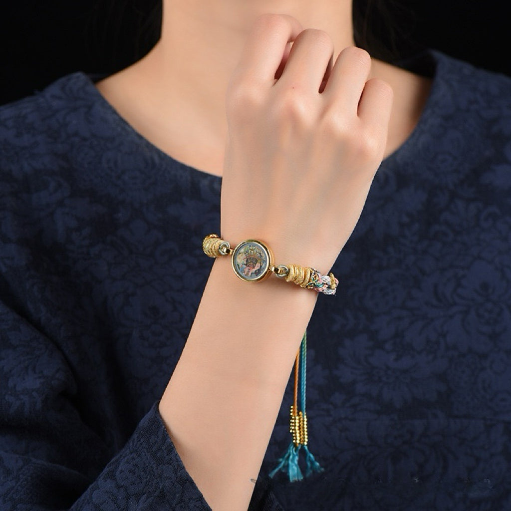Handmade Tibetan Fortune Knot Bracelet โ Yellow Dzambhala Wealth Charm
