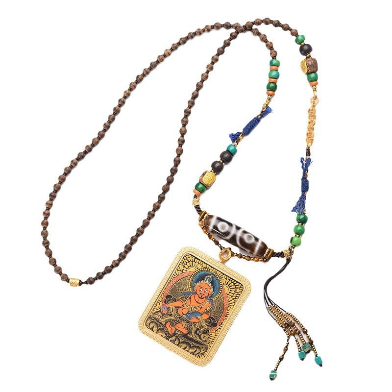 Tibetan Thangka Guardian Pendant Cord – Dzi Bead Necklace for Protection & Blessing