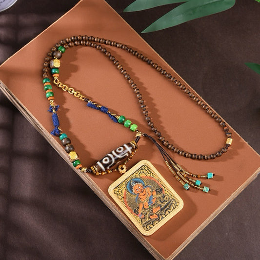 Tibetan Thangka Guardian Pendant Cord – Dzi Bead Necklace for Protection & Blessing