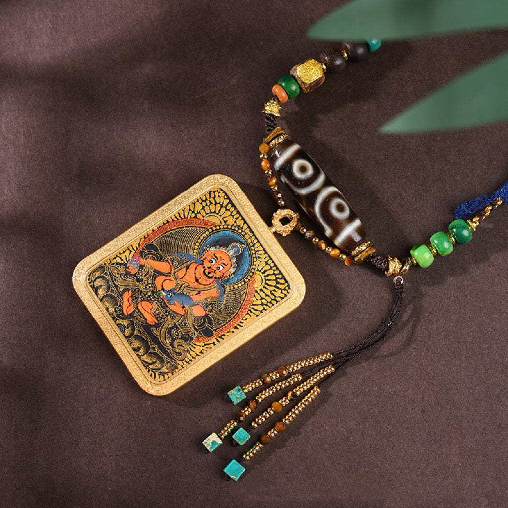 Tibetan Thangka Guardian Pendant Cord – Dzi Bead Necklace for Protection & Blessing