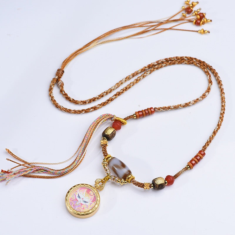Handmade Chinese Dzi Pendant Necklace – Fox Spirit Charm Cord for Men & Women