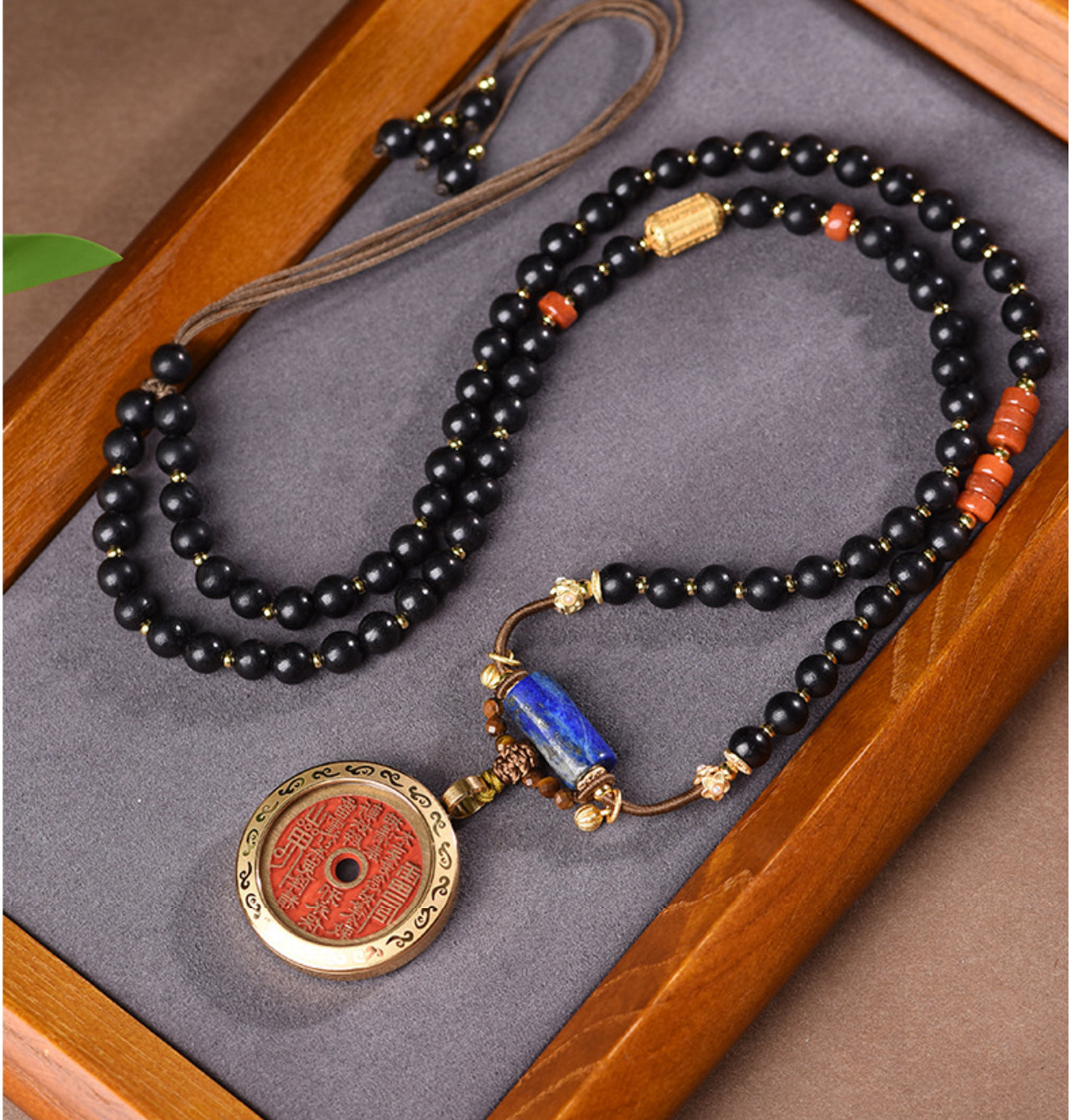 Ebony & Cinnabar Amulet Necklace โ Vintage Thangka Guardian Pendant