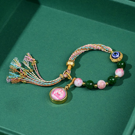 Tibetan Wealth Blessing Bracelet – Handmade Incense-Infused Glass & Thangka Charm