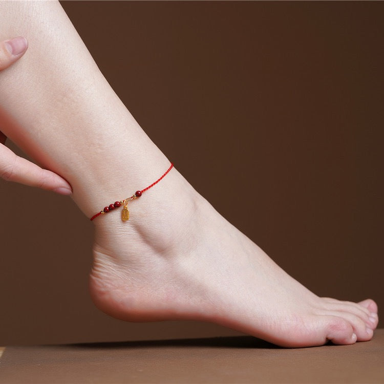 Guardian Steps Anklet โ Handmade Cinnabar & Blessing Charm Cord