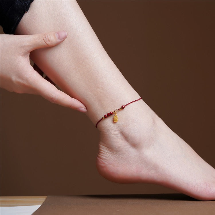 Guardian Steps Anklet โ Handmade Cinnabar & Blessing Charm Cord