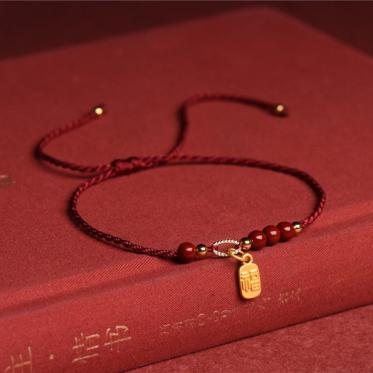 Guardian Steps Anklet โ Handmade Cinnabar & Blessing Charm Cord