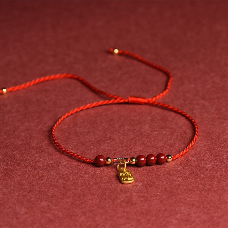 Guardian Steps Anklet โ Handmade Cinnabar & Blessing Charm Cord