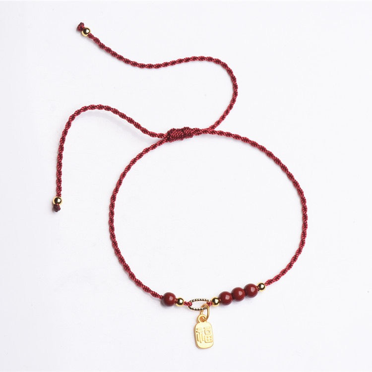 Guardian Steps Anklet โ Handmade Cinnabar & Blessing Charm Cord