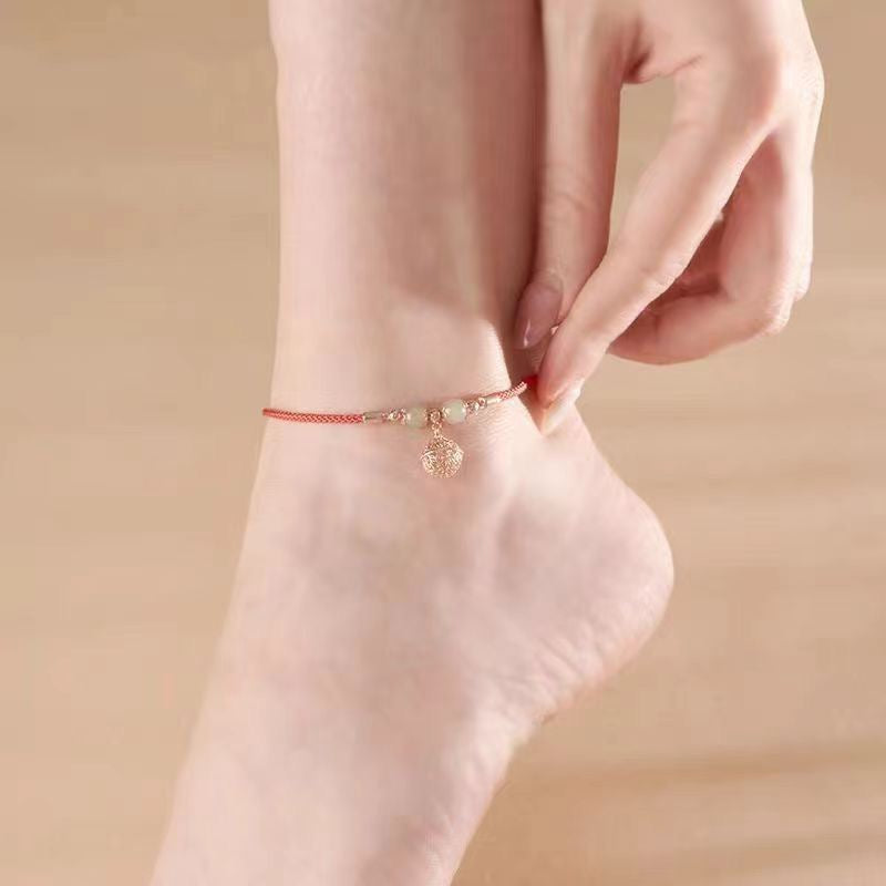 Tibetan Palace Bell Anklet โ Red Thread & Jade Charm