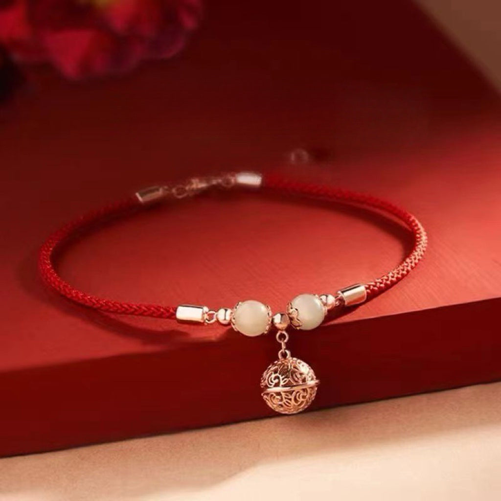 Tibetan Palace Bell Anklet โ Red Thread & Jade Charm