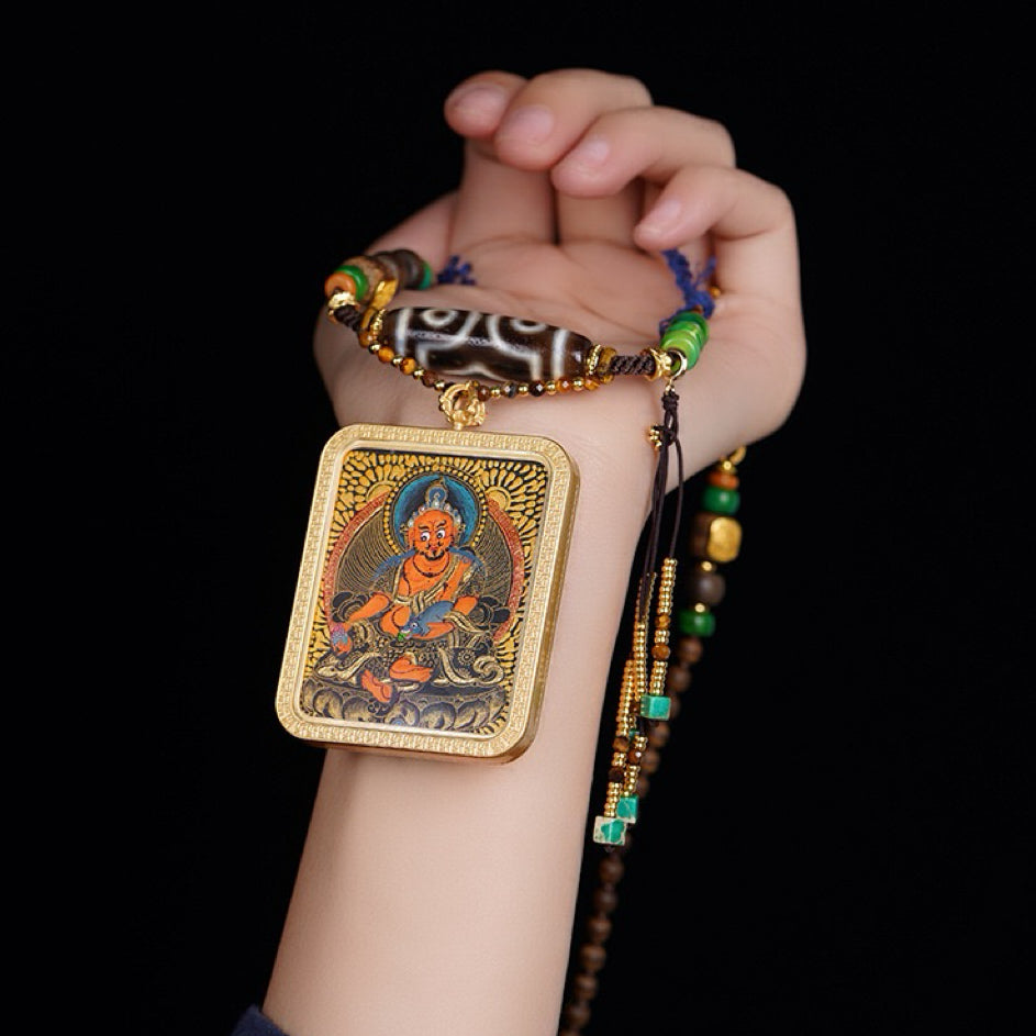 Tibetan Thangka Guardian Pendant Cord – Dzi Bead Necklace for Protection & Blessing