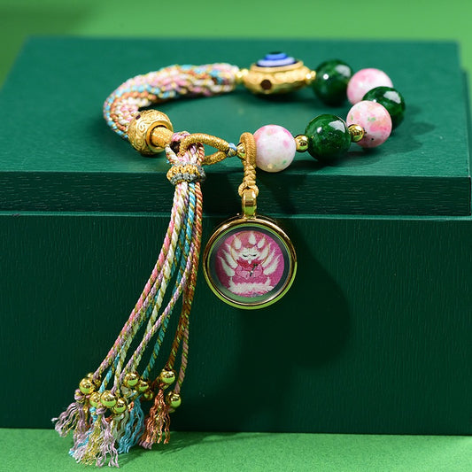 Tibetan Wealth Blessing Bracelet – Handmade Incense-Infused Glass & Thangka Charm
