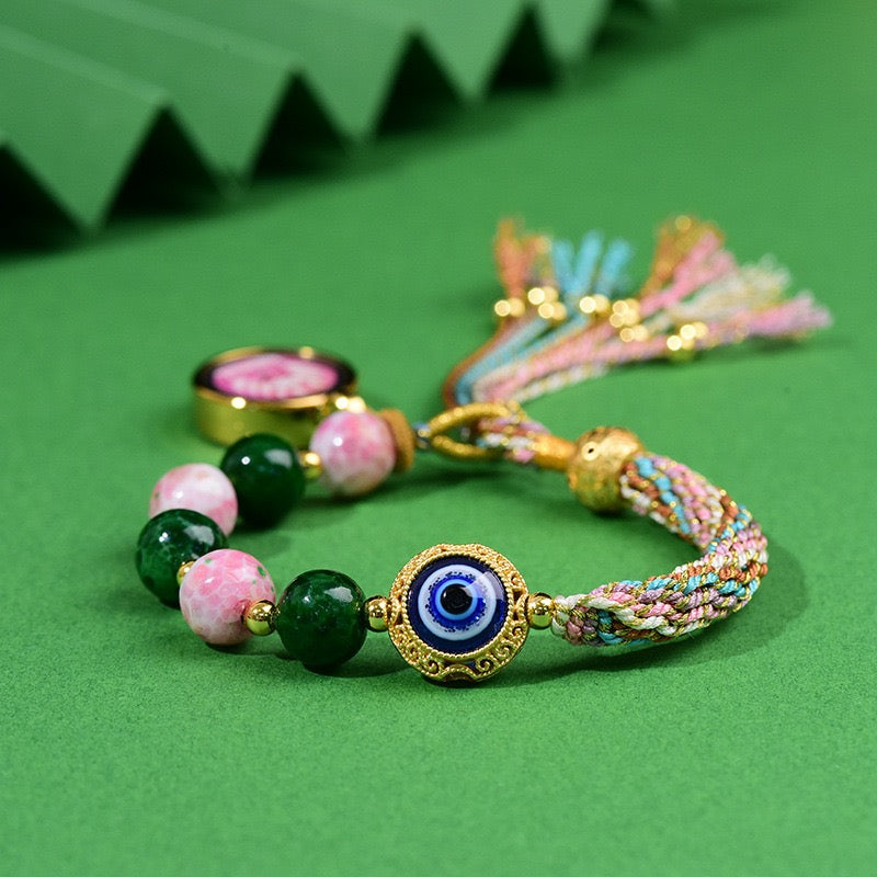 Tibetan Wealth Blessing Bracelet – Handmade Incense-Infused Glass & Thangka Charm