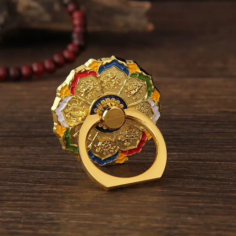 Tibetan Divine Emblem Phone Ring – 7 Auspicious Blessings Collection