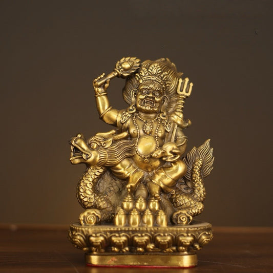 Dragon-Riding Yellow Jambhala Brass Statue – Tibetan God of Wealth